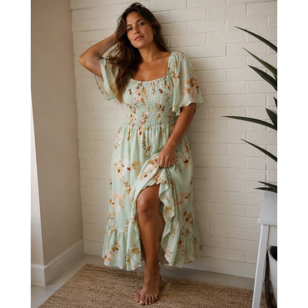 AUW Mint Green Floral Smocked Chiffon Midi Dress Flutter Sleeve 1X Boho Pastel